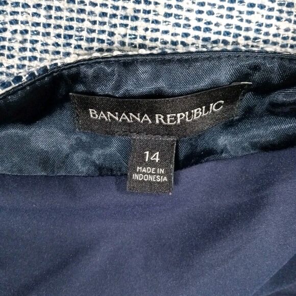 BANANA REPUBLIC Tweed Skirt Navy blue white  Sz 14 Frayed edges Metallic threads - Picture 4 of 9